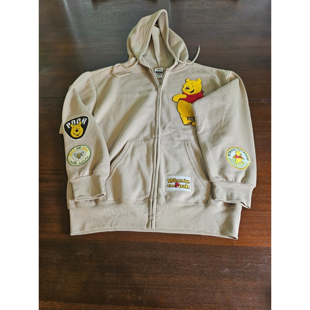 Disney Winnie the Pooh Zip Hoodie Womens L Sand Beige Patch Sleeve Sweatshirt - Picture 3 of 5